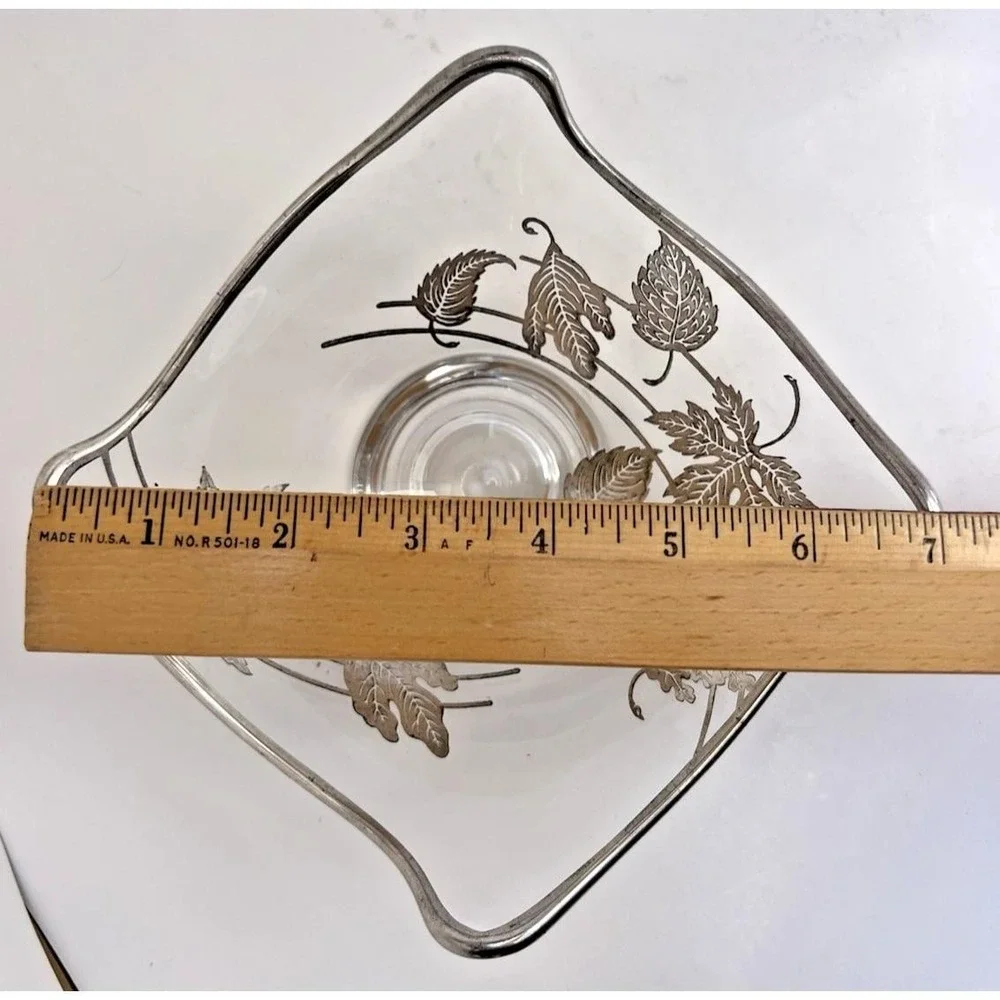 Candy Dish Etched Glass Silver Leaf Pedestal Stand Mid Century Modern Vintage